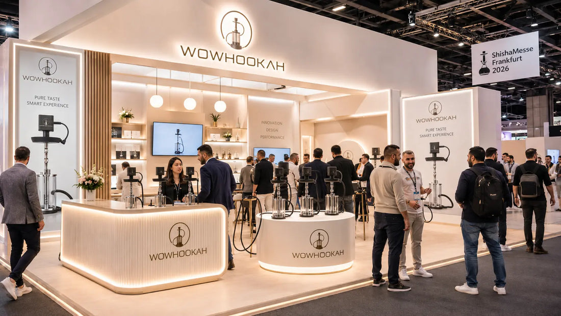 WOWHOOKAH exhibition booth at ShishaMesse Frankfurt 2026 showcasing electric hookahs with premium black and gold branding.