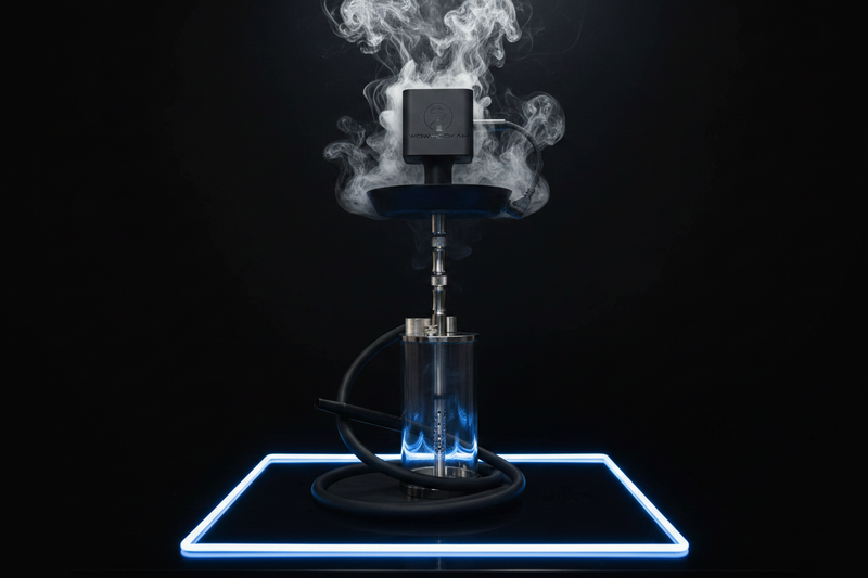 WOWHOOKAH sur surface sombre avec lumière néon bleue, ambiance futuriste