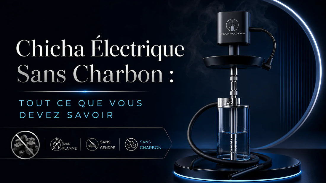 Chicha électrique WOWHOOKAH sans charbon avec système de chauffe électrique, fumée douce, design noir premium et message sans flamme, sans cendre, sans charbon.